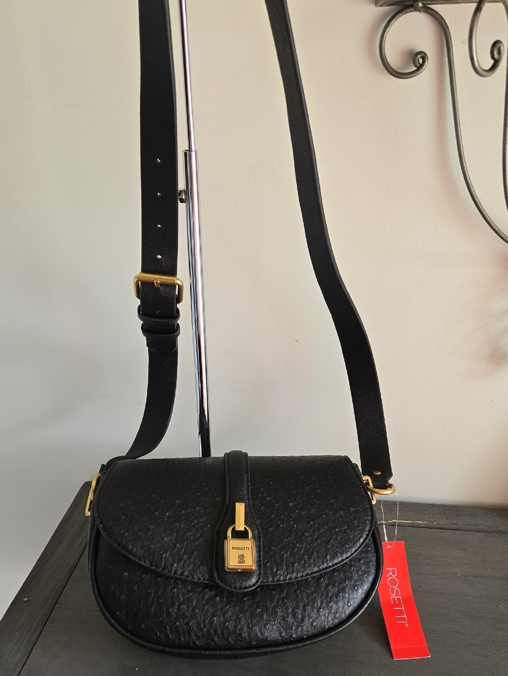 Rosetti Black Textured Crossbody with Gold Hardware and Adjustable Strap